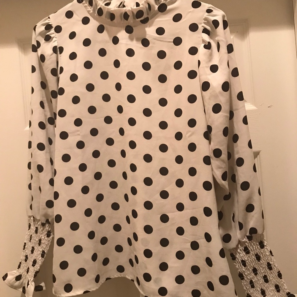 Chicwish mock neck , bell sleeve black white dotted blouse